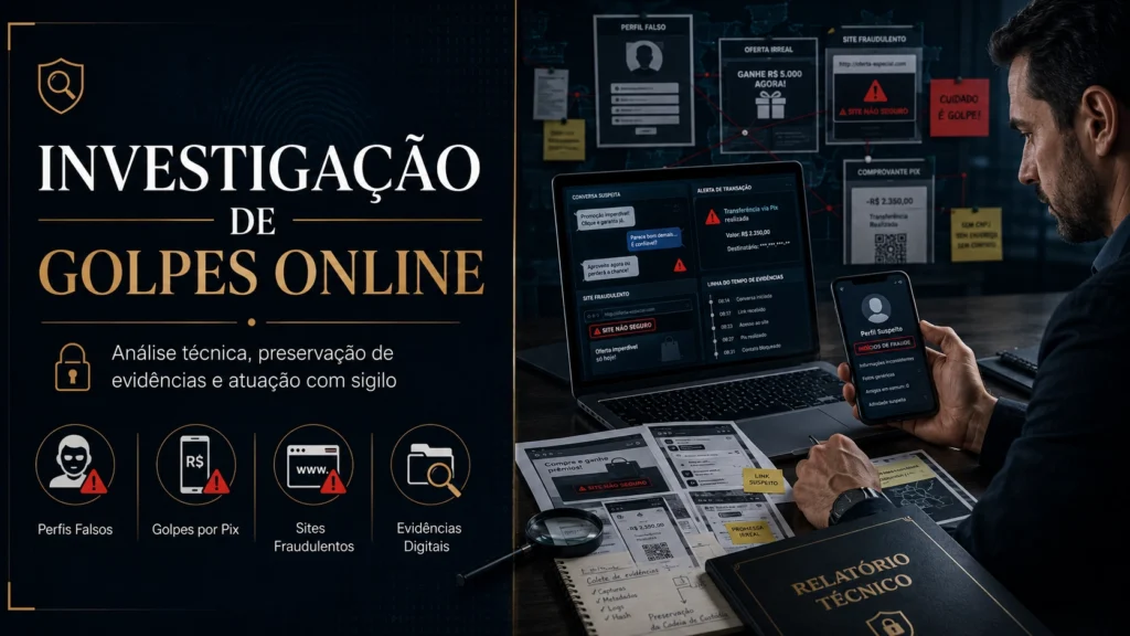 Investigação de Golpes Online: Como Funciona a Apuração Técnica de Fraudes Digitais 1 Investigação de golpes online: entenda como funciona a apuração técnica de fraudes digitais, golpes por Pix, perfis falsos, sites fraudulentos e evidências digitais.