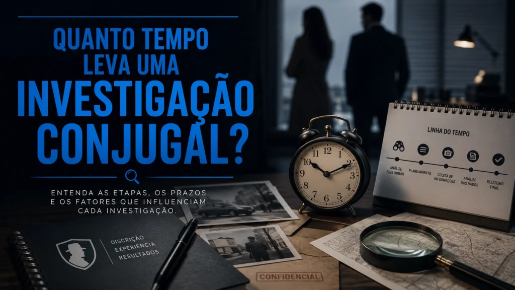 Quanto Tempo Leva Uma Investigação Conjugal? 1 Quanto tempo leva uma investigação conjugal? Entenda os fatores que influenciam o prazo, contrato, relatório, sigilo e cuidados antes de contratar.